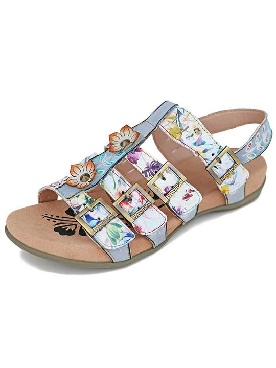 Giselle bohemian leather sandals with floral straps and gold-tone buckles