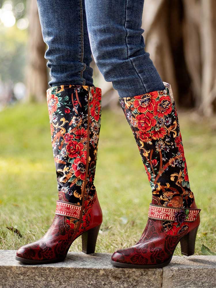 Floral embroidered ankle-high boots with black upper, red toe, and mid block heel