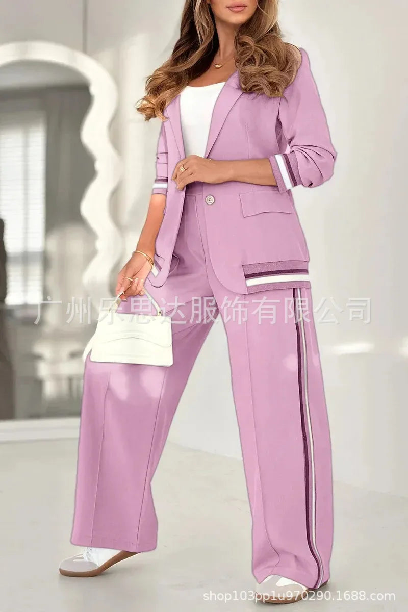 Women Suit Jacket 2 Piece Sets Striped Blazer Coat Turn Down Collar Single Breasted Wide Leg Pants Ensemble Office Lady Outfits