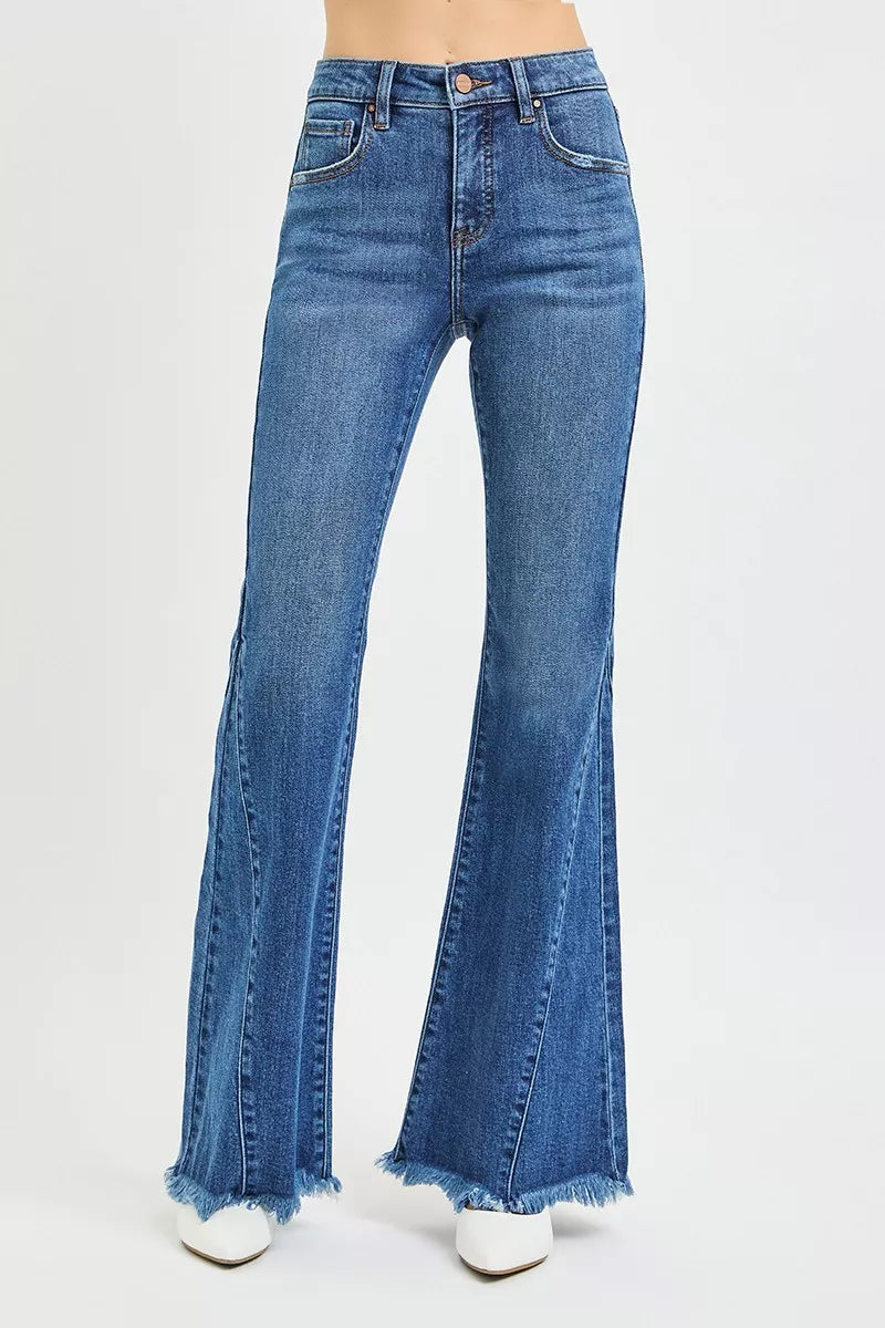 RISEN mid-rise flare jeans with dark wash, frayed straight hem