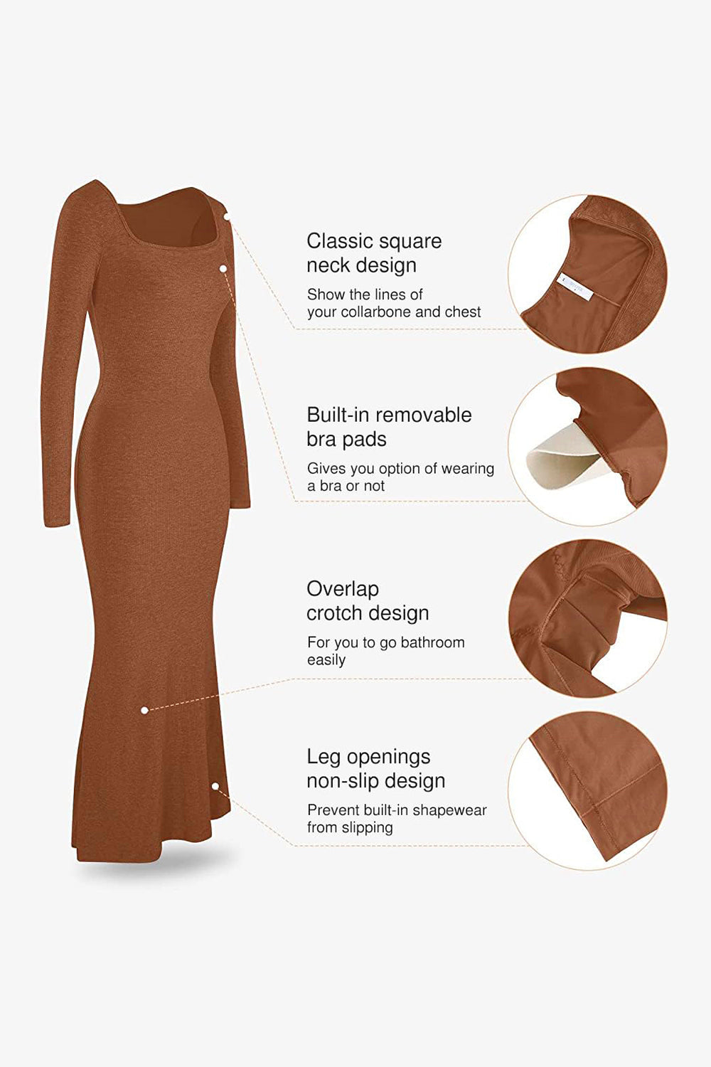 Caramel square-neck long-sleeve maxi shapewear with built-in bra pads and leg openings