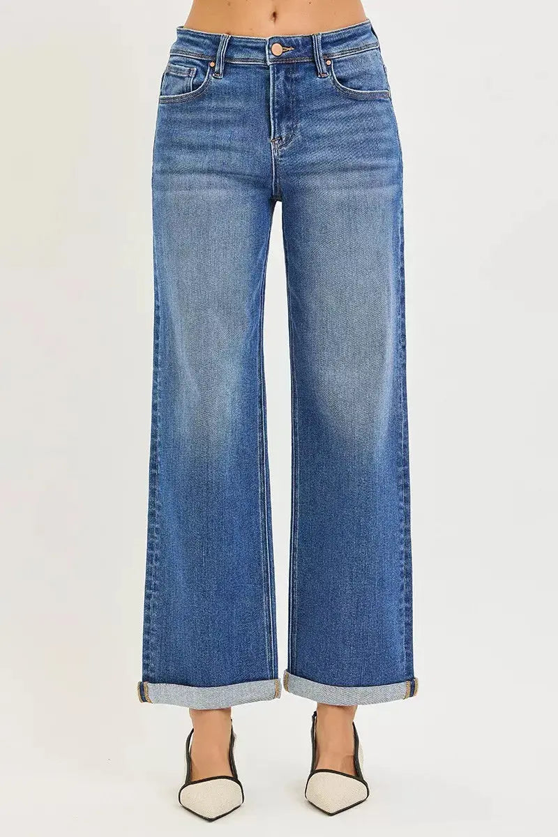 High rise relaxed fit ankle jeans in medium wash with cuffed hem