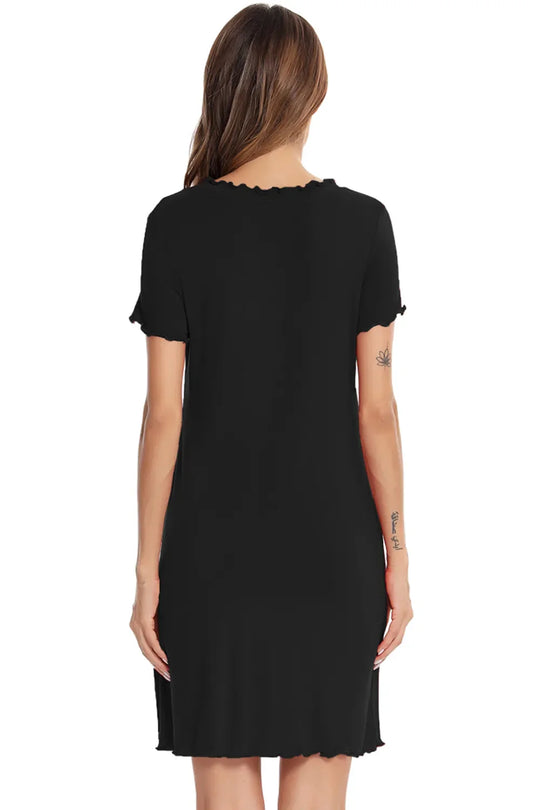 Black back view of short-sleeve lounge dress with scalloped hem detail