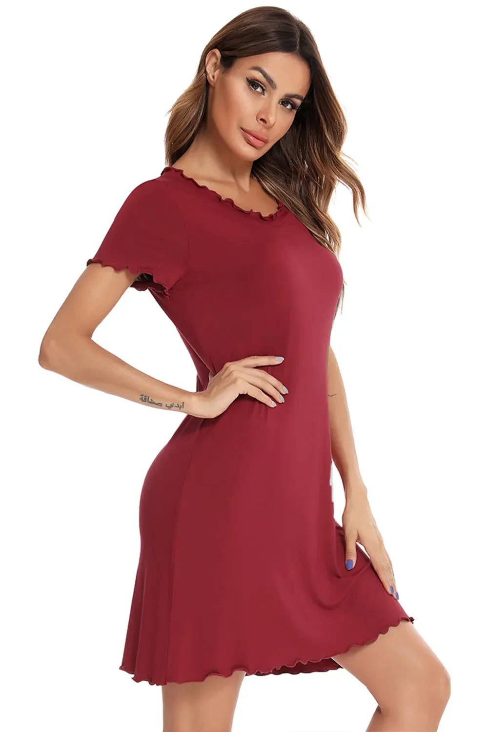 Scarlet lounge dress with short sleeves and scalloped edge hem, fitted shift style