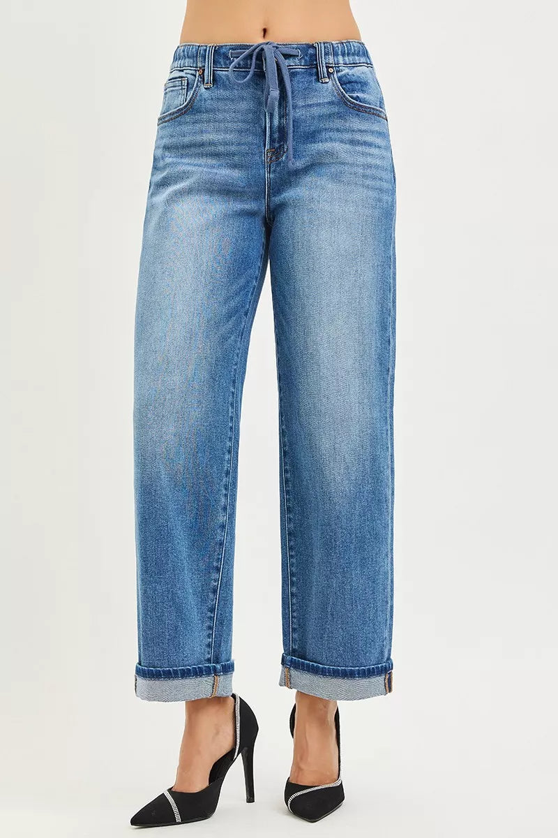 Medium wash cuffed ankle jeans with elastic waistband and relaxed straight-leg fit