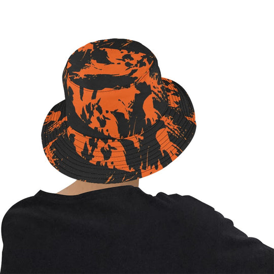 Black and orange bucket hat with paint-splatter graffiti, back view