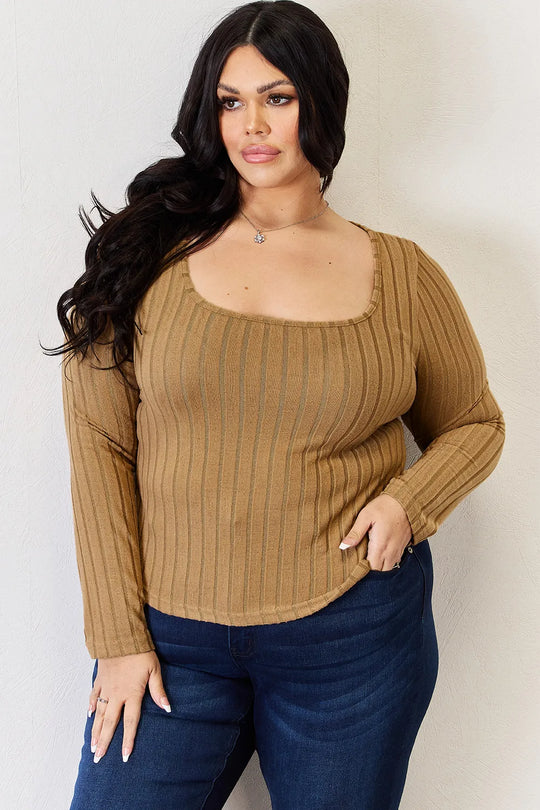 Khaki ribbed long-sleeve T-shirt with scoop neckline, waist-length hem