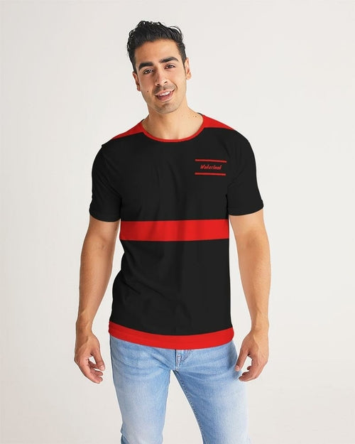 Men's striped T-shirt with black body and red horizontal bands, small chest logo.
