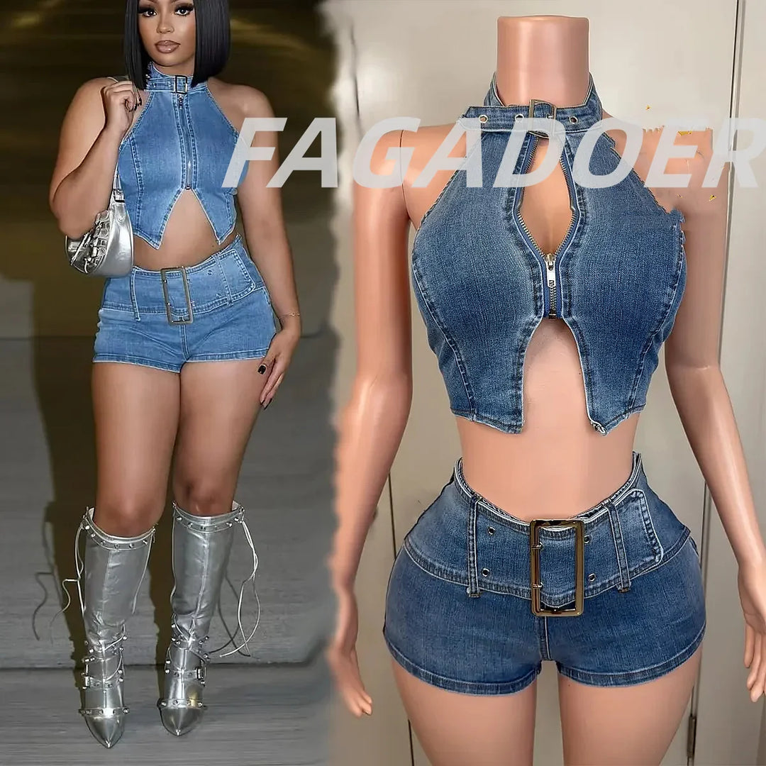Sky blue denim halter crop top and high-waist shorts with buckle belt detail