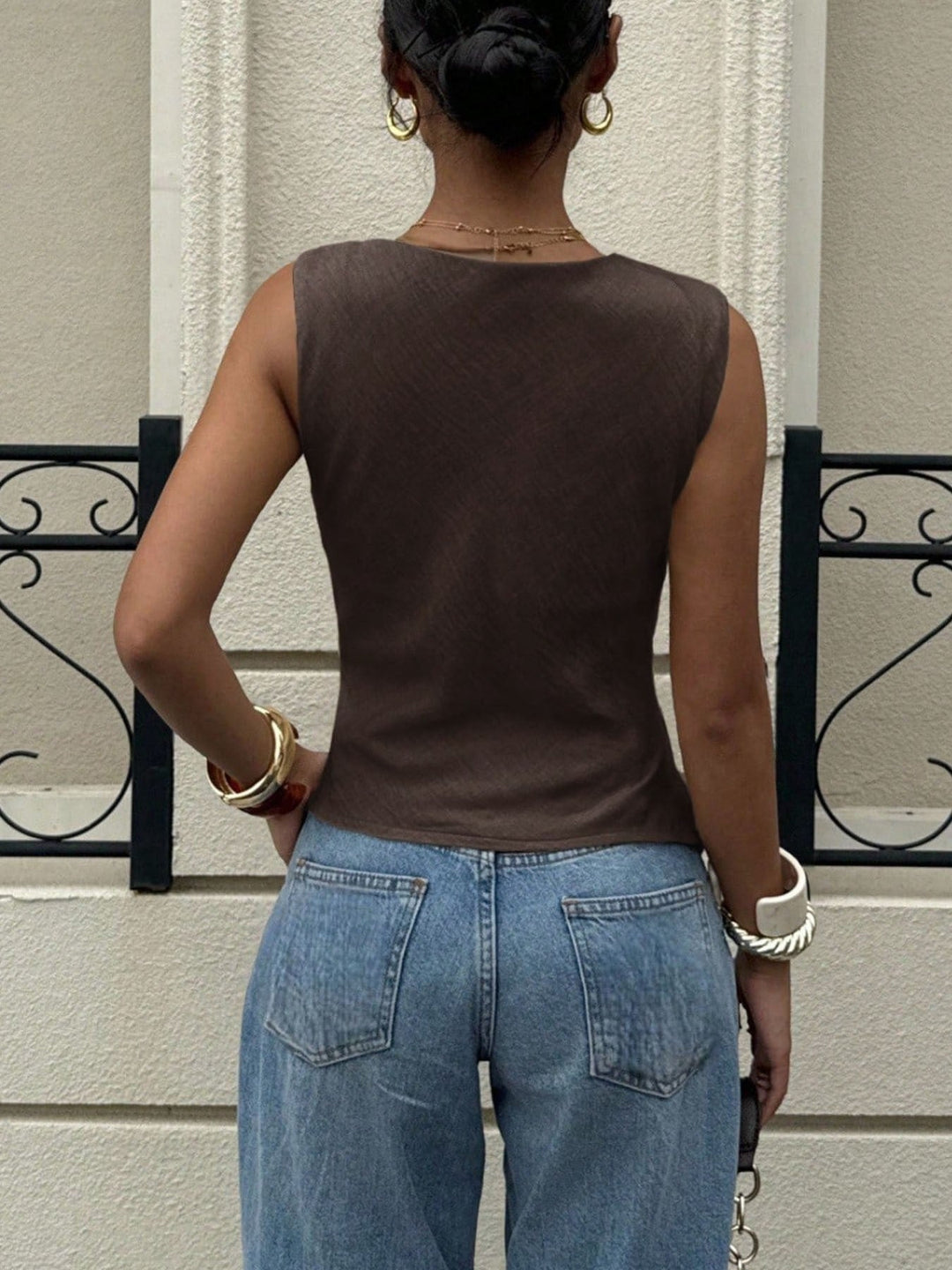 Back of chocolate cowl-neck cami top, sleeveless