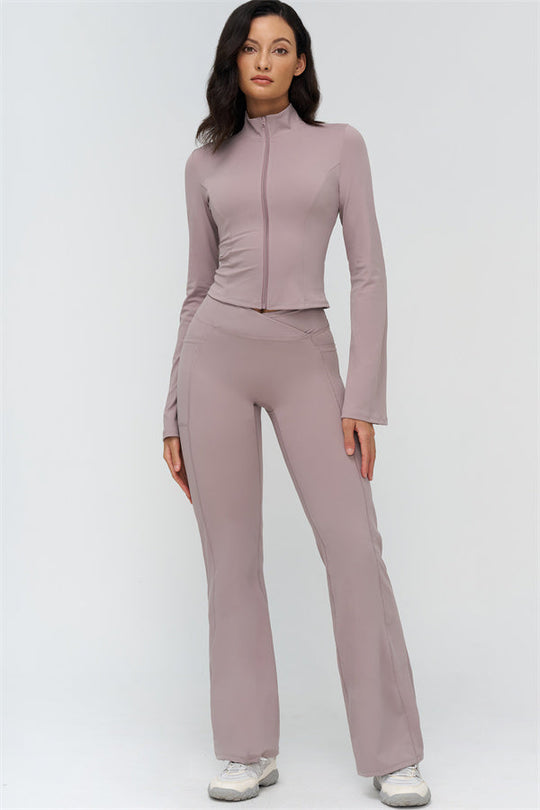 Rosa 2-teiliger Trainingsanzug mit Reißverschlussjacke und Flared Leggings