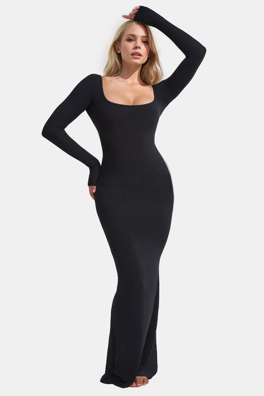Black long-sleeve maxi shapewear dress with square neckline, sleek body fit