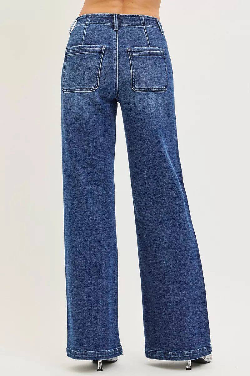 Dark blue high-rise wide-leg jeans back with two patch pockets and belt loops