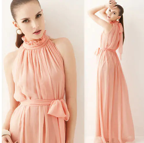 Bohemian Halter-Neck Maxikleid aus Chiffon, apricot-rosa, ärmellos mit Rüschenkragen