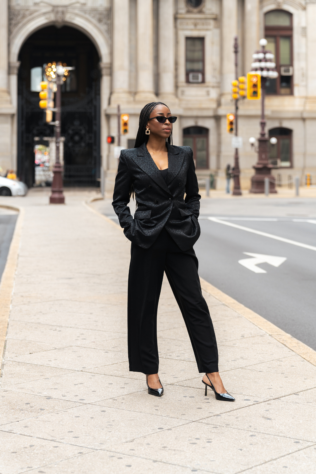 PREMIER blazer black textured, wrap-style front with oversized lapels