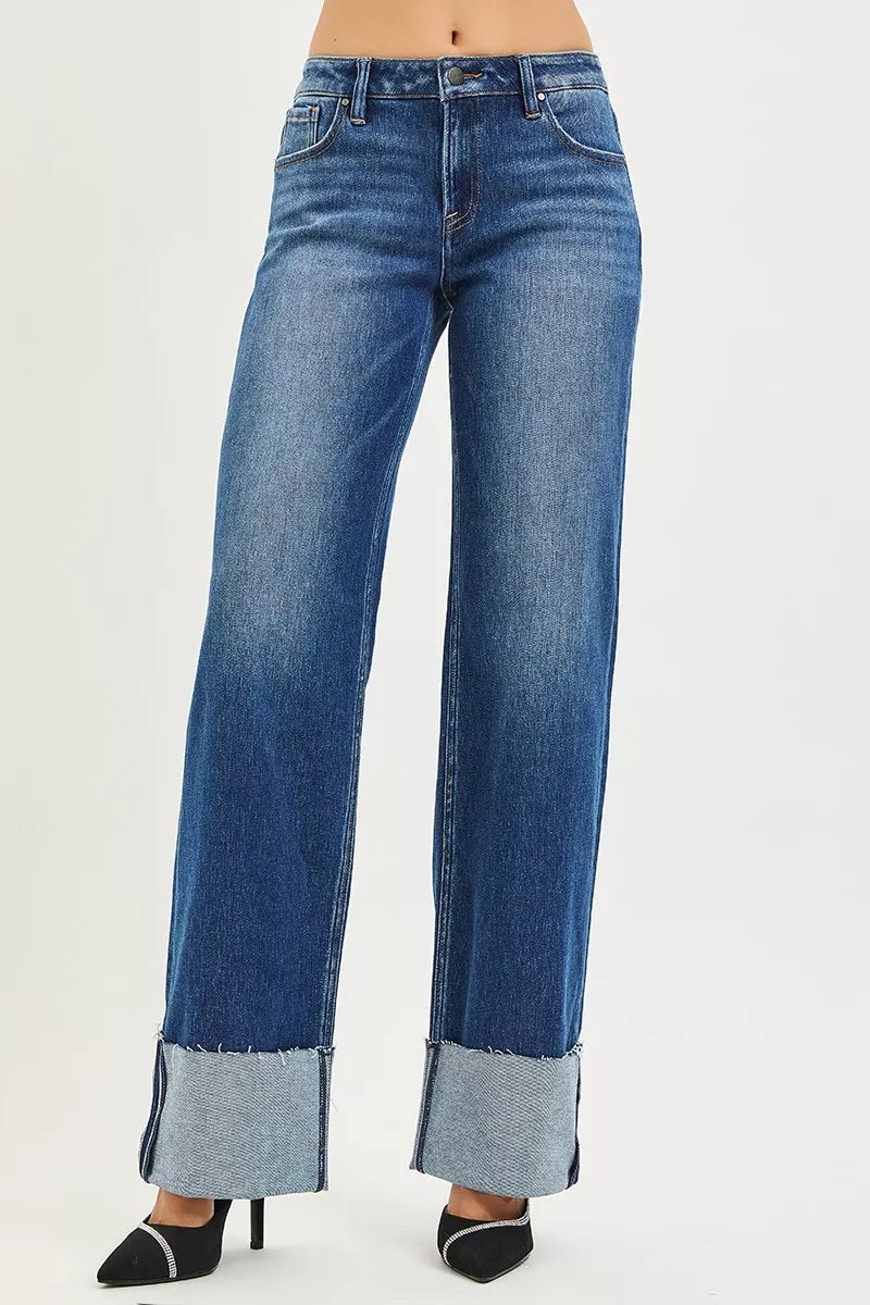 Dunkelblaue Wide-Straight-Jeans, mittlere Leibhöhe, breiter Saum mit Umschlag