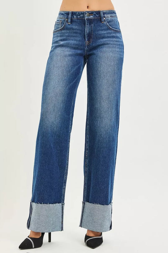 Dunkelblaue Wide-Straight-Jeans, mittlere Leibhöhe, breiter Saum mit Umschlag