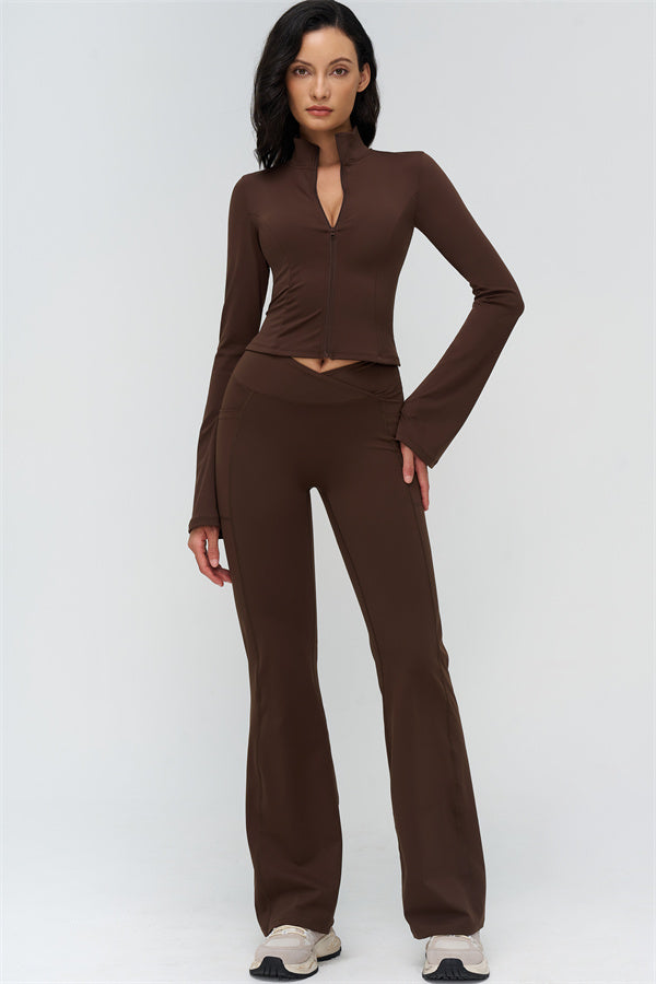 Bistre zip jacket with high neckline and flared leggings, brown 2-piece set