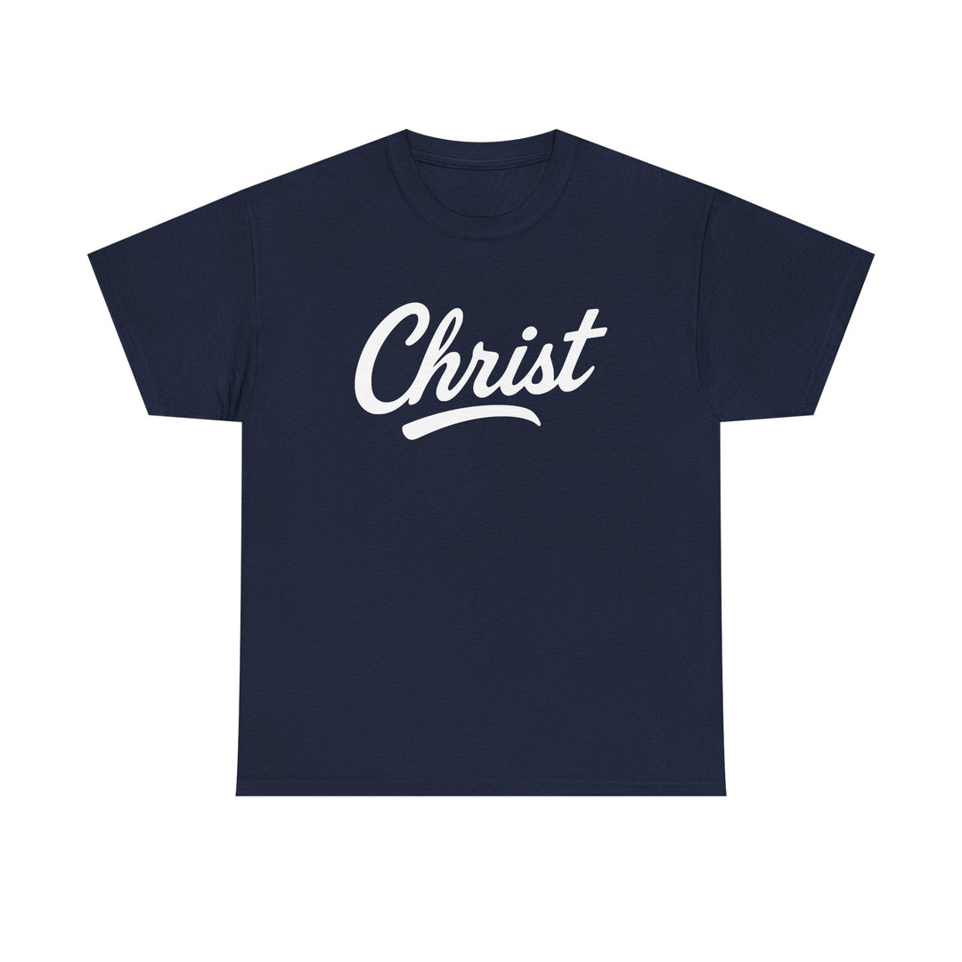 Navy unisex T-shirt with "Christ" script graphic on front