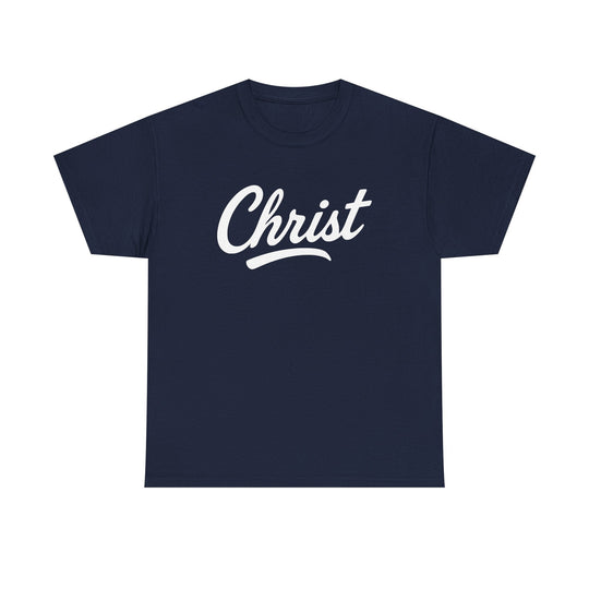 Navy unisex T-shirt with "Christ" script graphic on front