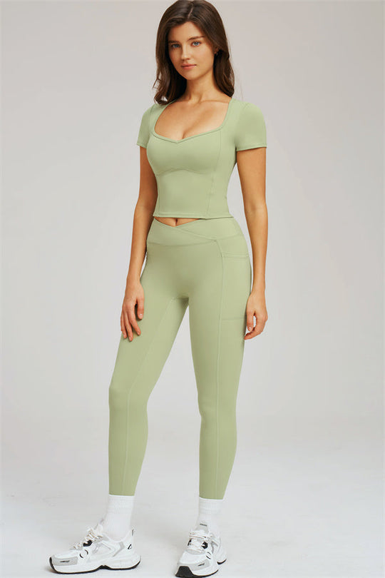 Olive green 2-piece set with square neckline crop top and high-rise leggings