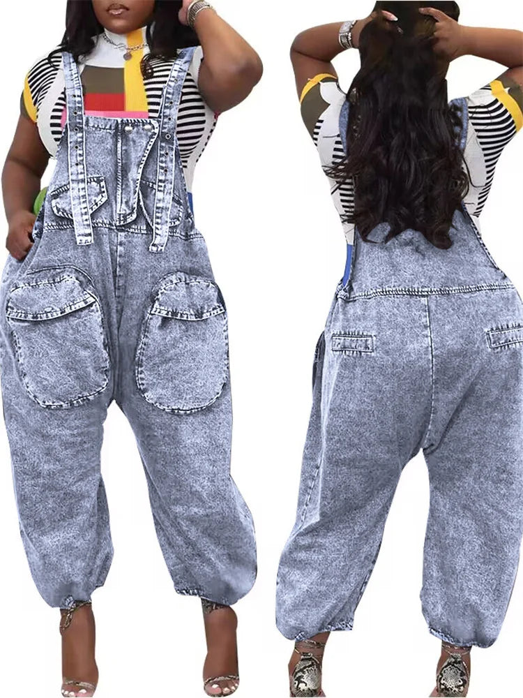 Light blue denim cargo jumpsuit, wide-leg one-piece with front flap pockets
