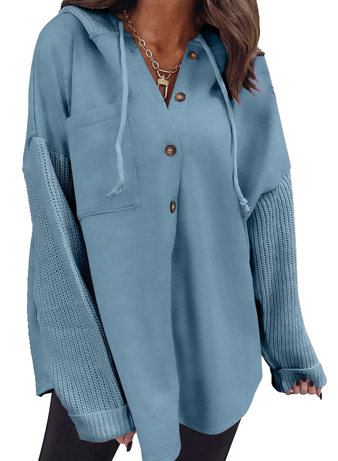 Blue button-front hoodie with hood drawstring and kangaroo pocket, ribbed knit sleeve detail