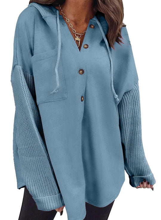 Blue button-front hoodie with hood drawstring and kangaroo pocket, ribbed knit sleeve detail