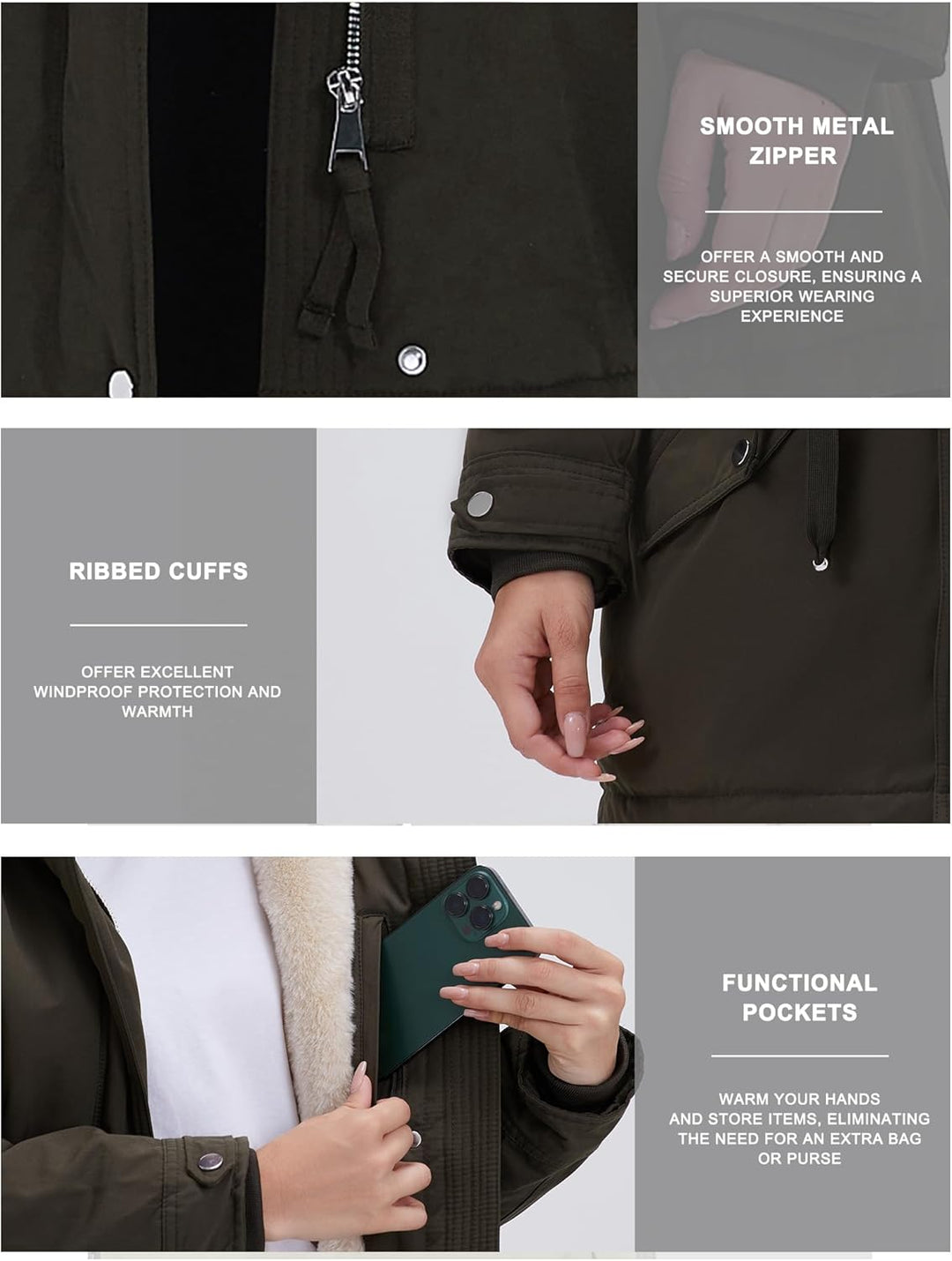 Winterparka Details: glatter Metall-Reißverschluss, gerippte Bündchen, Taschen