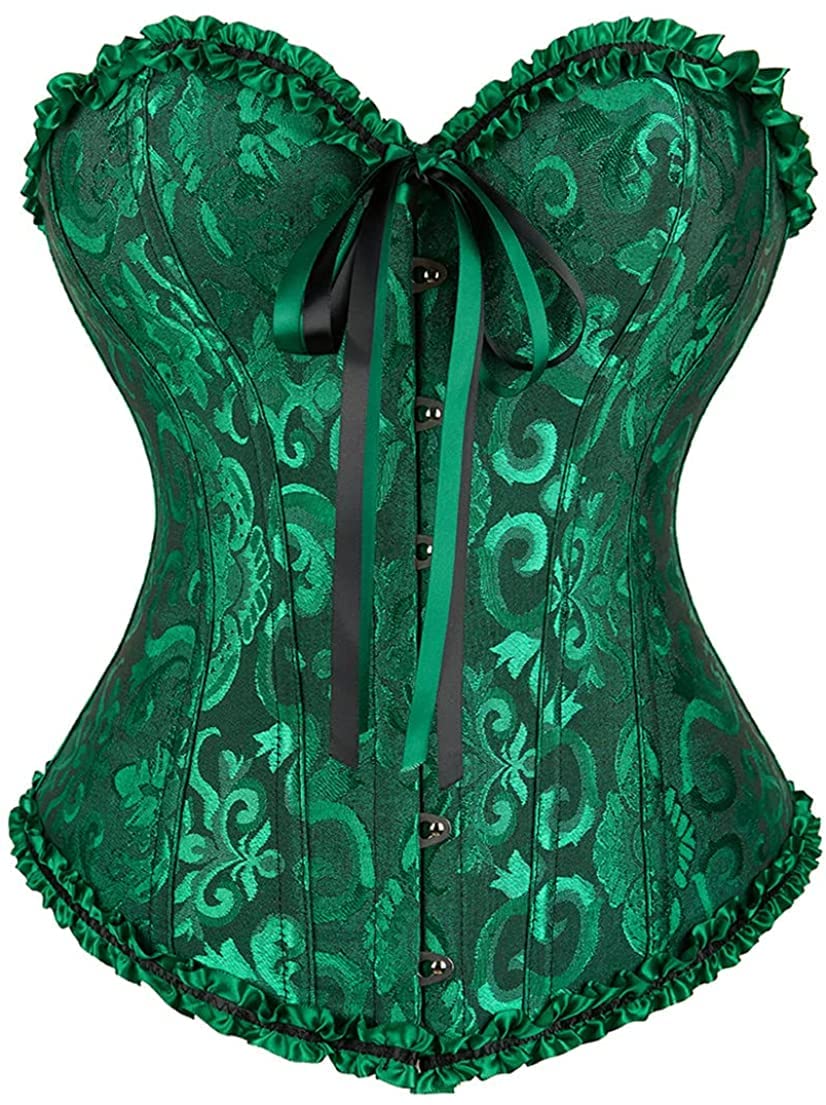 Green corset bodysuit with lace-look print, front hook-and-eye and ruched ruffle edges