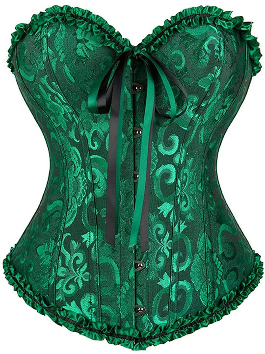 Green corset bodysuit with lace-look print, front hook-and-eye and ruched ruffle edges