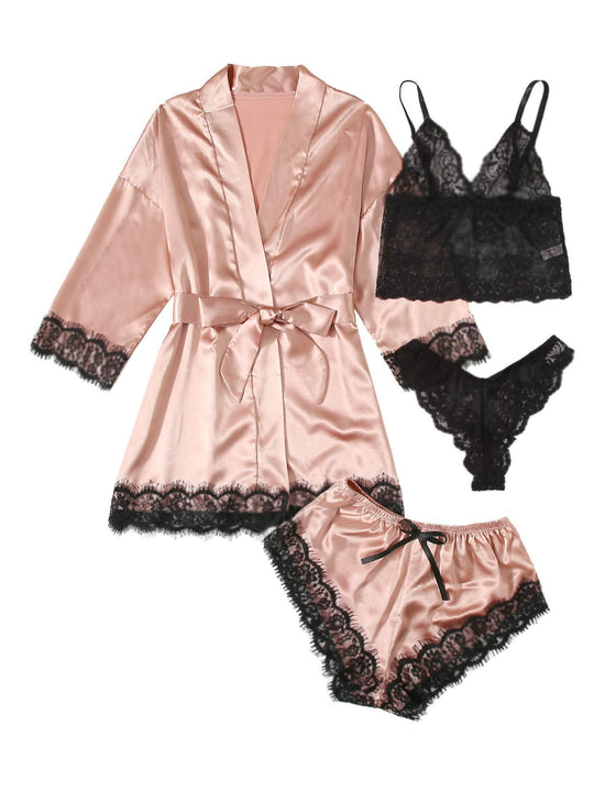 Blush pink satin robe set with black lace cami bra and lace-trim shorts