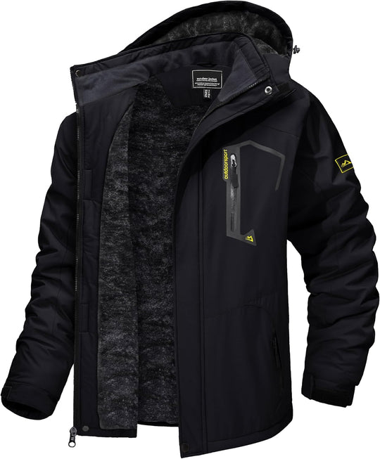 Schwarze Winter-Skijacke mit Kapuze, Fleece-Innenschicht und Front-Reißverschluss