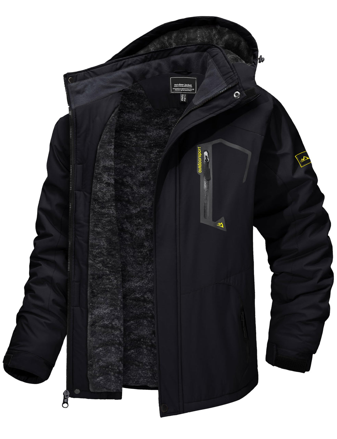 Winter-Skijacke mit Kapuze, schwarze Fleece-Innenseite, wasserabweisend
