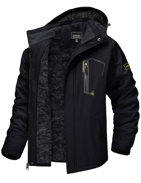 Winter-Skijacke mit Kapuze, schwarze Fleece-Innenseite, wasserabweisend