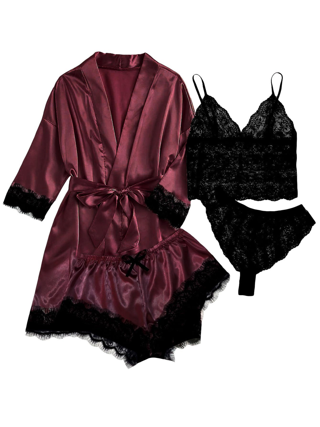 Burgundy silk satin pajama set with black lace: robe, camisole, shorts and thong