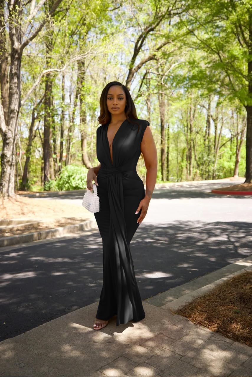 Black sleeveless deep V evening gown with draped waist and floor-length skirt