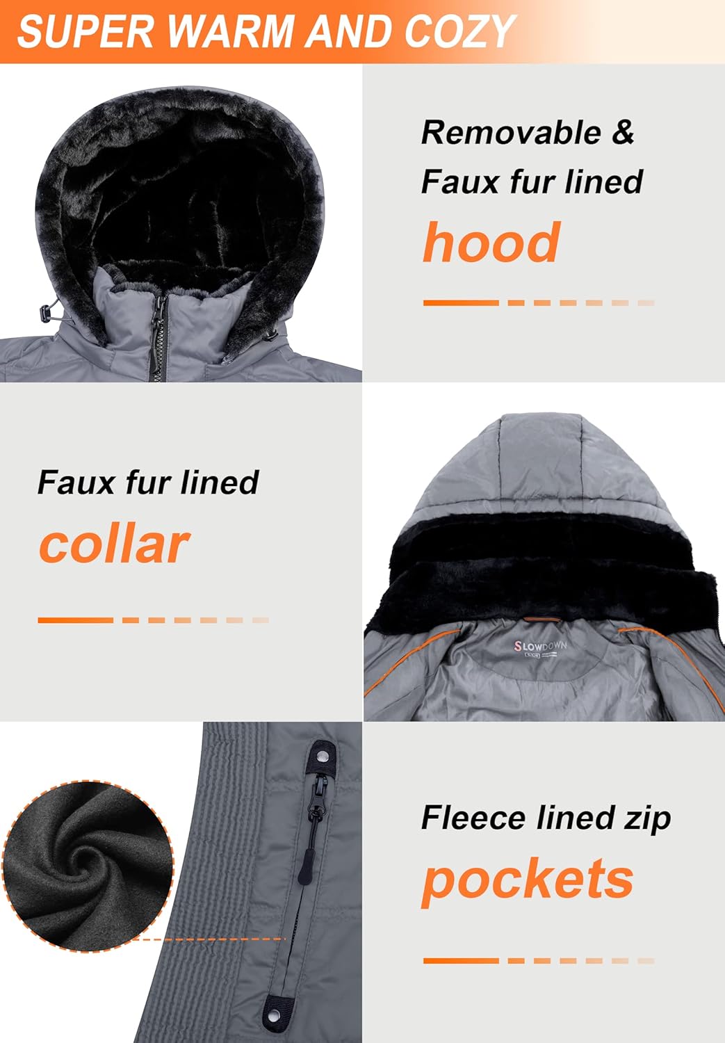 Grey parka hood with faux-fur trim and fleece-lined zip pockets detail