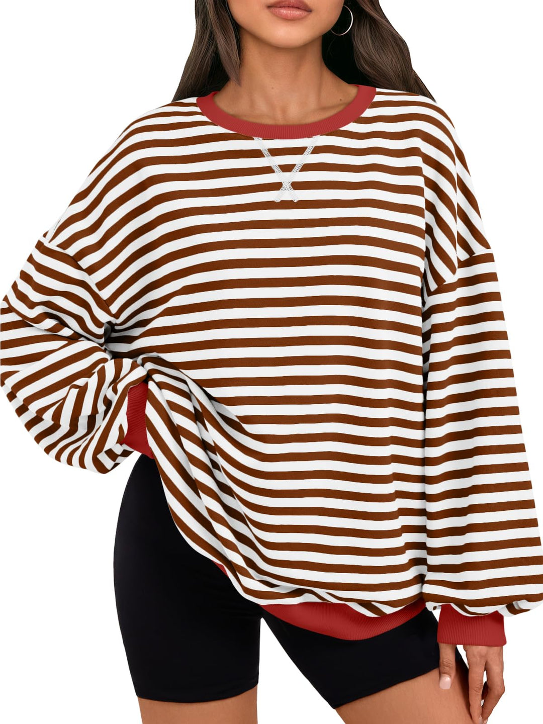 Brown-and-white striped oversized sweatshirt, crew neck lace detail, long sleeves