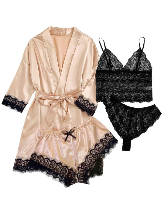 Seiden-Satin Pyjama-Set mit Spitze: champagnerfarbener Kimono, schwarzes Spitzen-Bustier und Shorts