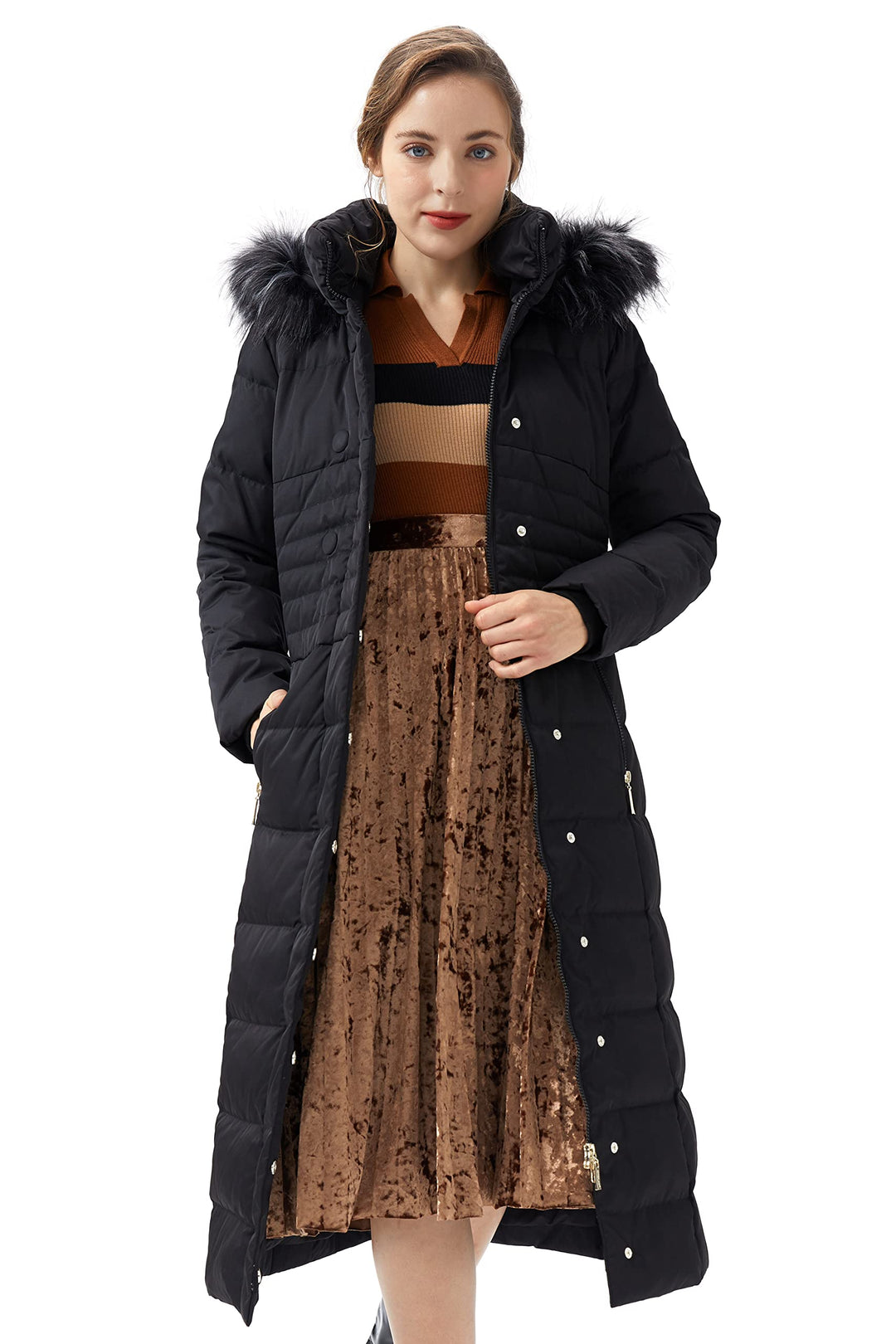 Black long puffer coat with large fur-trim hood and buttoned front