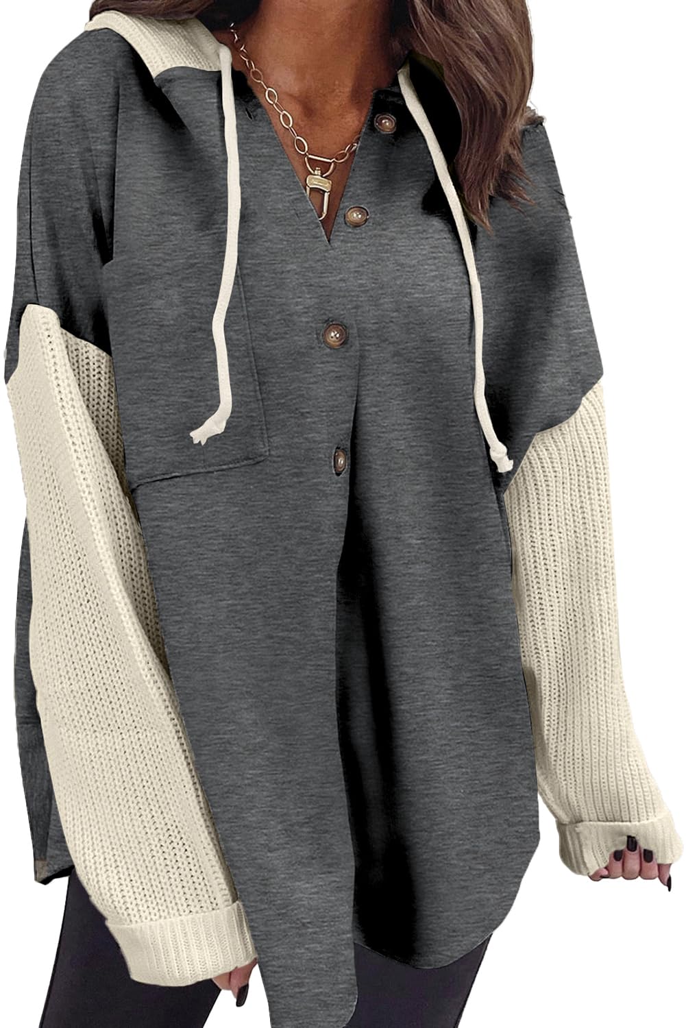 Gray button hoodie with hood and front pouch pocket, oversized fit