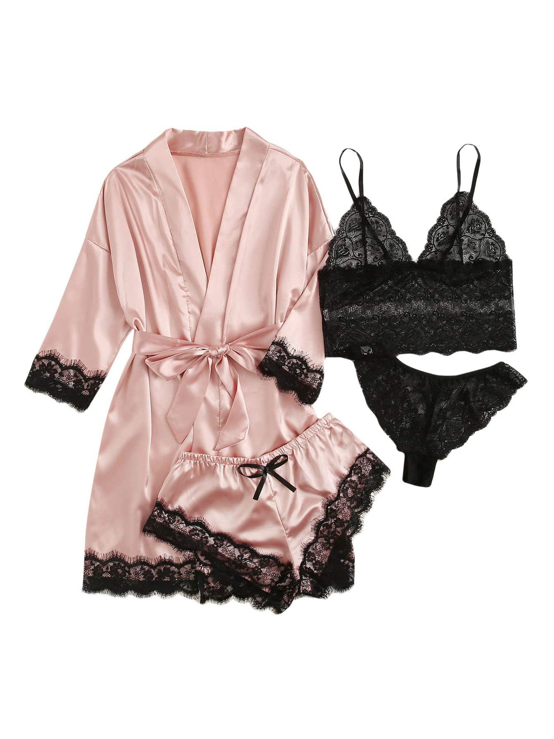Blush pink satin pajama set with black lace cami, shorts and matching robe