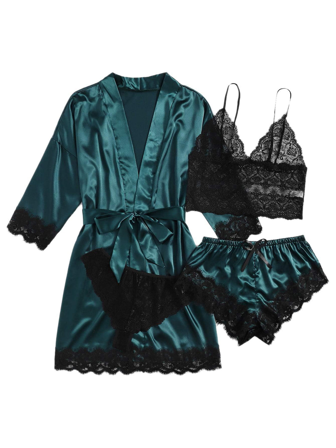 Tiefes Petrol-/Grün-Satin-Pyjamaset mit schwarzer Spitze: Bademantel, Cami und Shorts