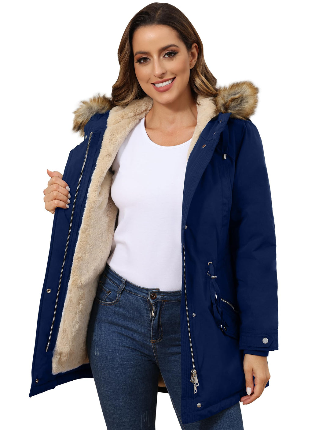 Dark navy hooded parka coat, sherpa fleece interior, zip front with tassel pull, pockets