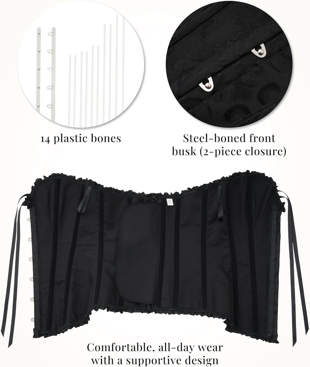 Black waist cincher corset with steel-boned front, plastic boning, lace-up closure