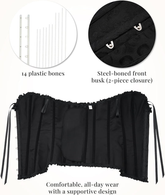 Black waist cincher corset with steel-boned front, plastic boning, lace-up closure