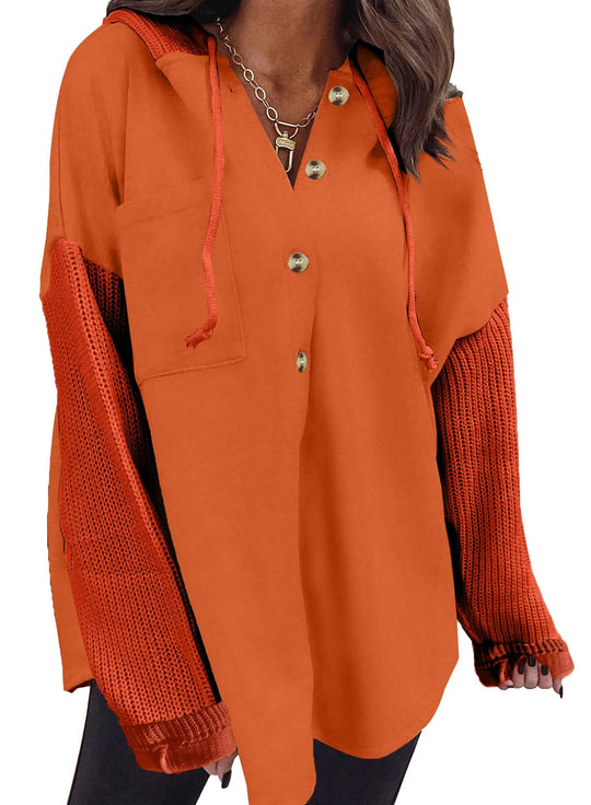 Oversized button hoodie in orange with hood and front pocket