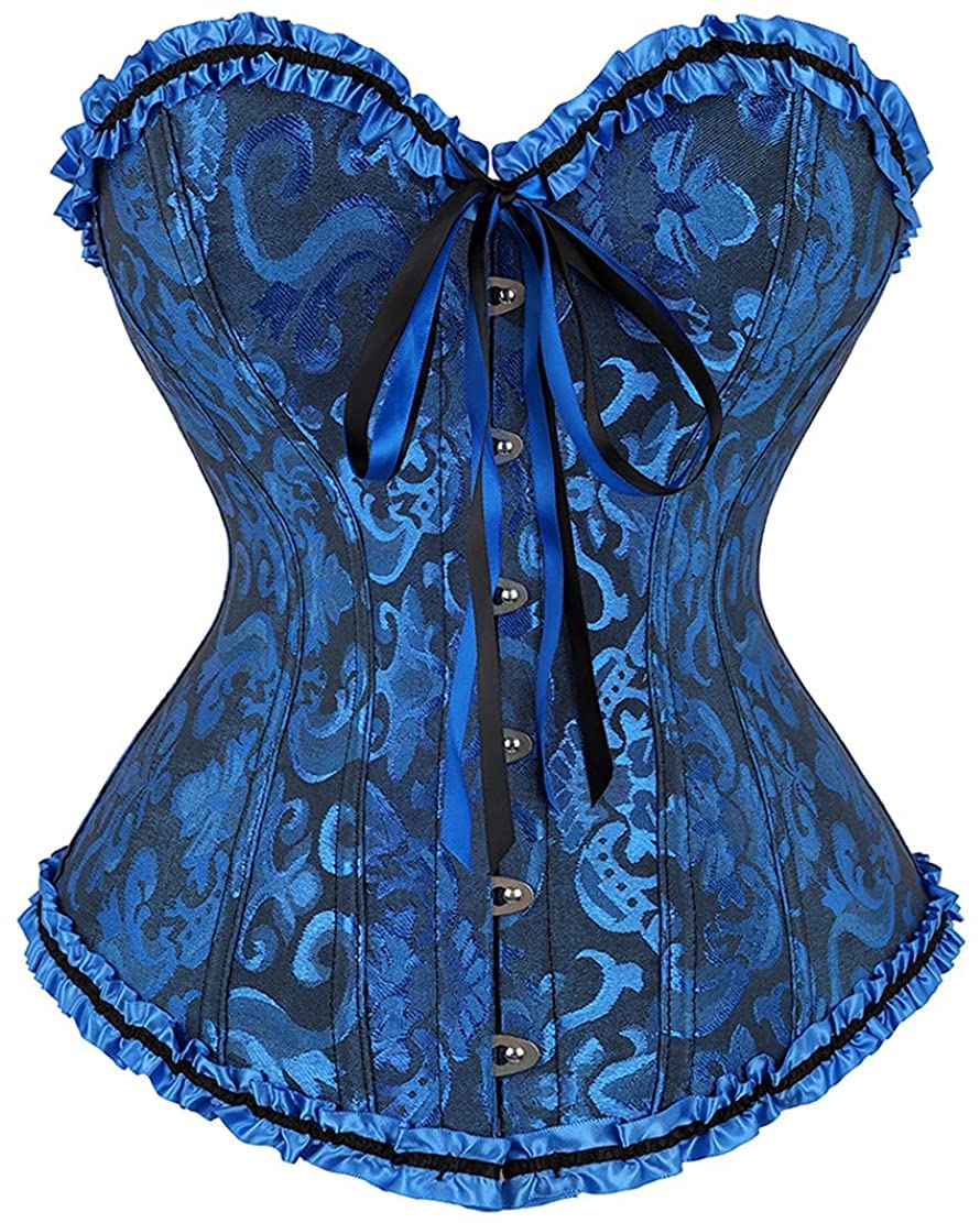 Blue corset bustier with ruffle edges, bow at center front, and hook-and-eye closure