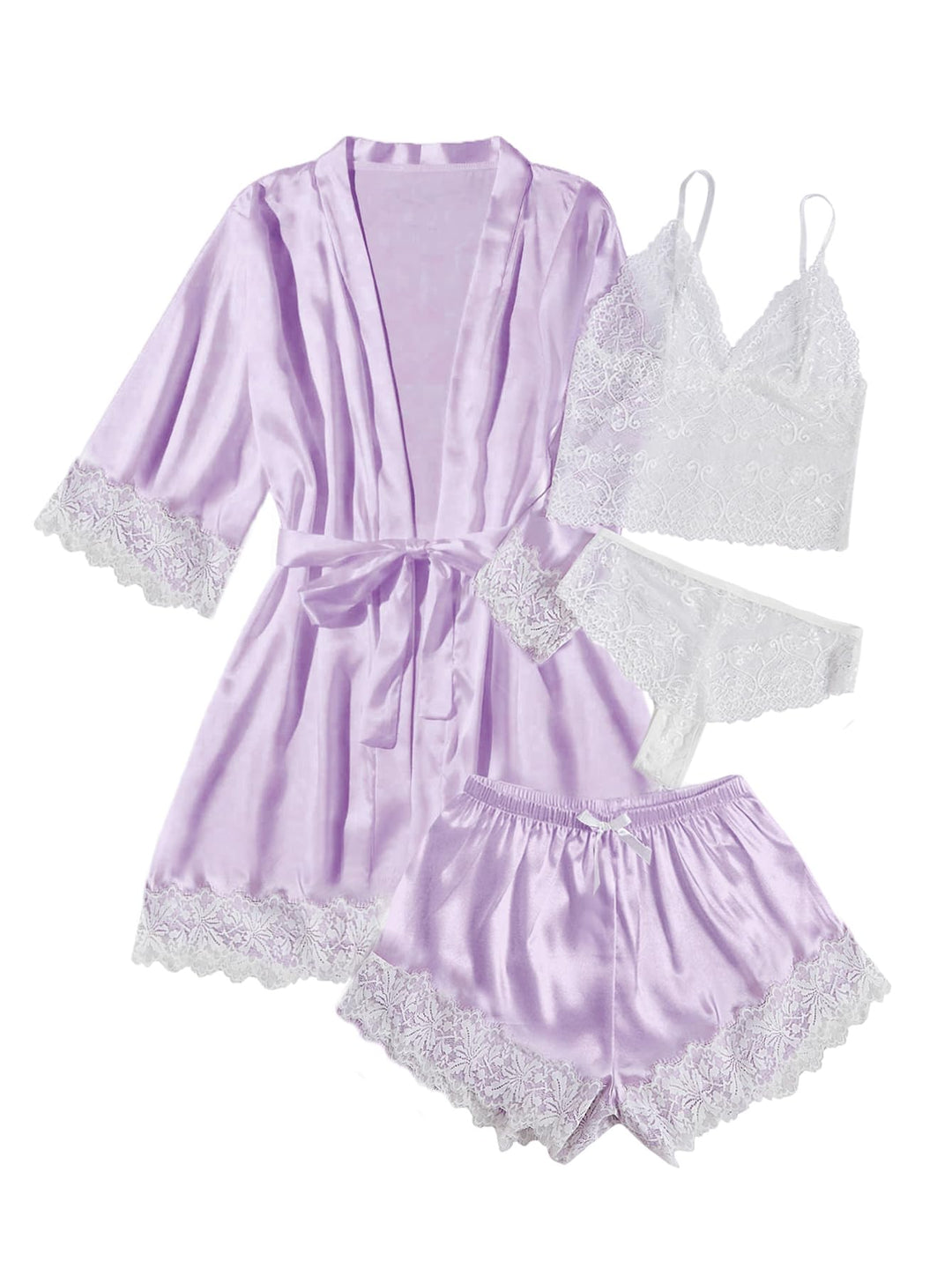 4-teiliges Seidensatin-Pyjama-Set: lila Kimono mit Spitze, Träger-Cami und Shorts